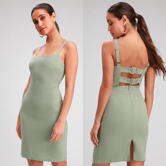 Lulus Women's NWT Joyful Juniper Washed Olive Green Open Back Midi Dress Large - Picture 1 of 10